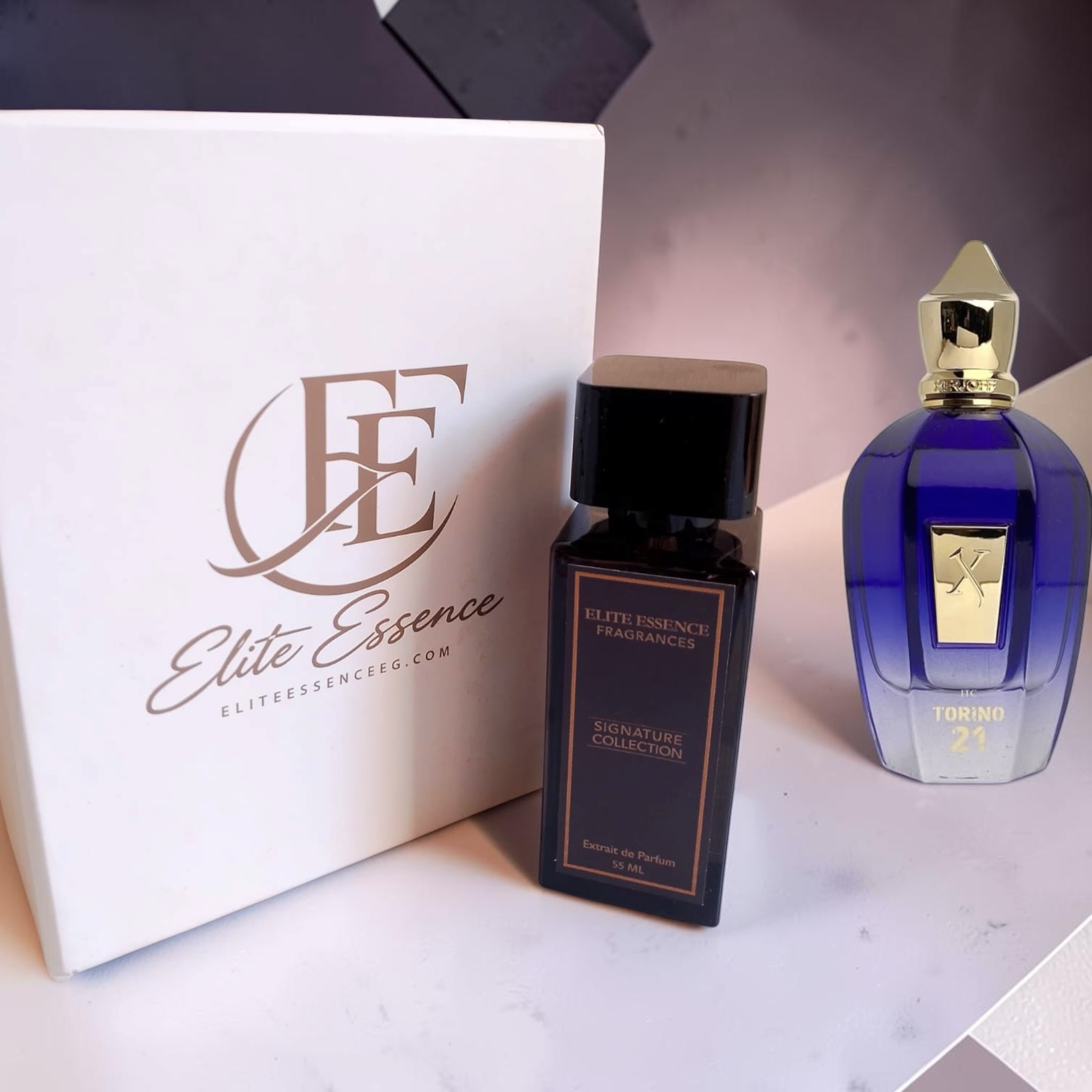Elegant bottle of Xerjoff Torino21 perfume by Elite Essence EG, showcasing the luxurious glass container and sophisticated design.