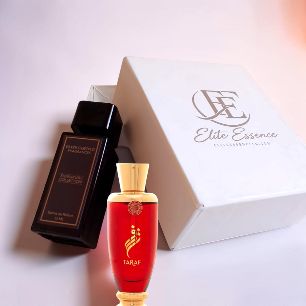 Elegant bottle of Taraf Arabian Oud perfume by Elite Essence Eg, showcasing a luxurious design and rich amber color.