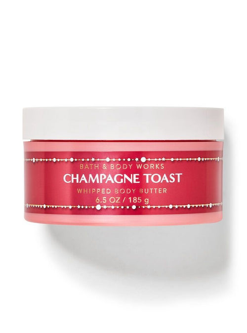 eliteessence Bath & Body Works Champagne Toast whipped body butter in a pink jar with festive star and dot detailing.