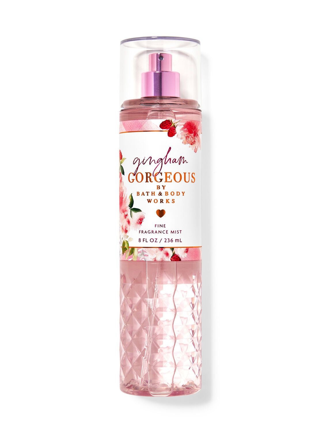 eliteessence Gingham Gorgeous fine fragrance mist in a pink textured bottle with floral and fruit label design