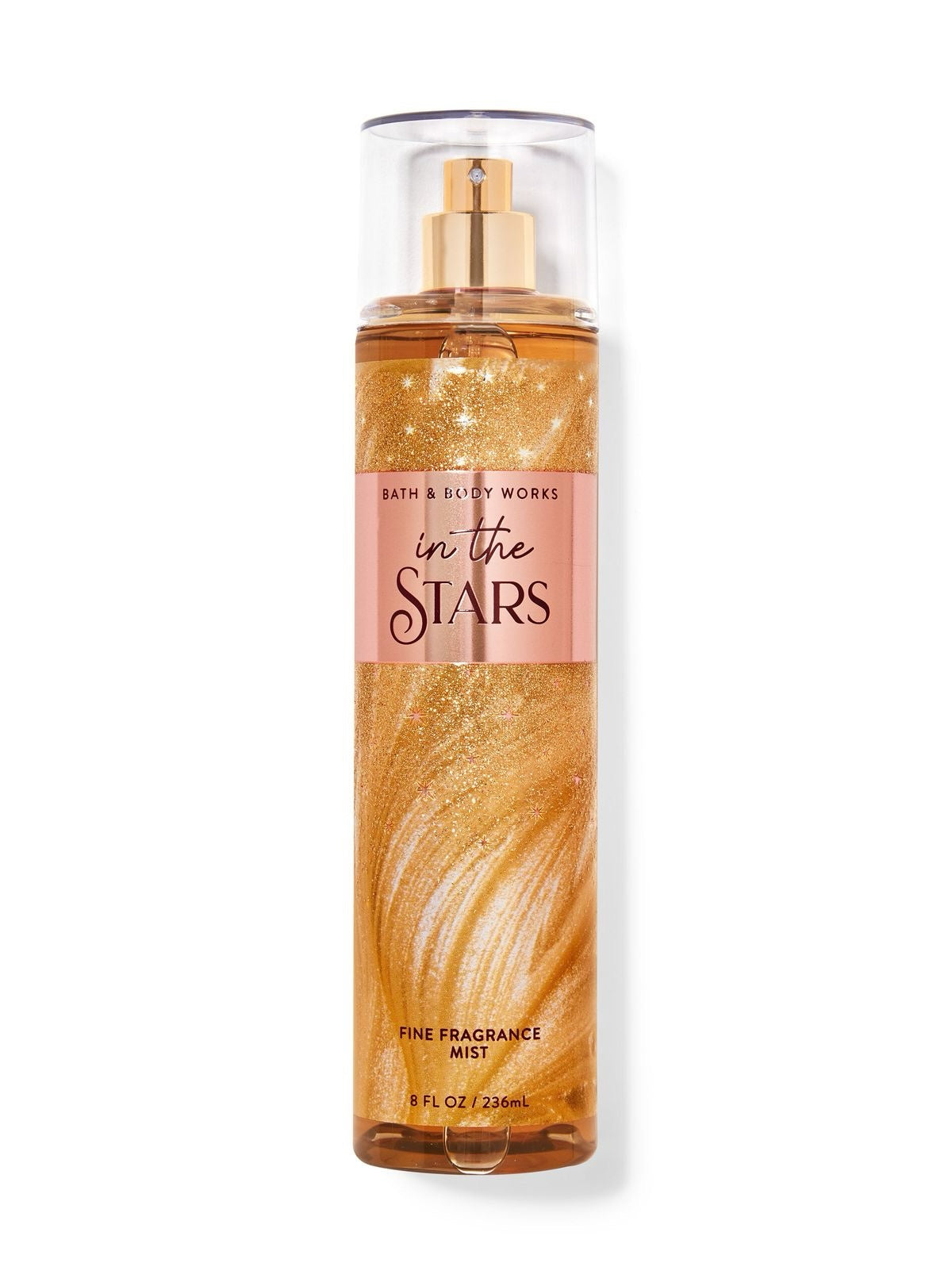 eliteessence Bath & Body Works In The Stars fine fragrance mist in a shimmering gold bottle with a clear cap.