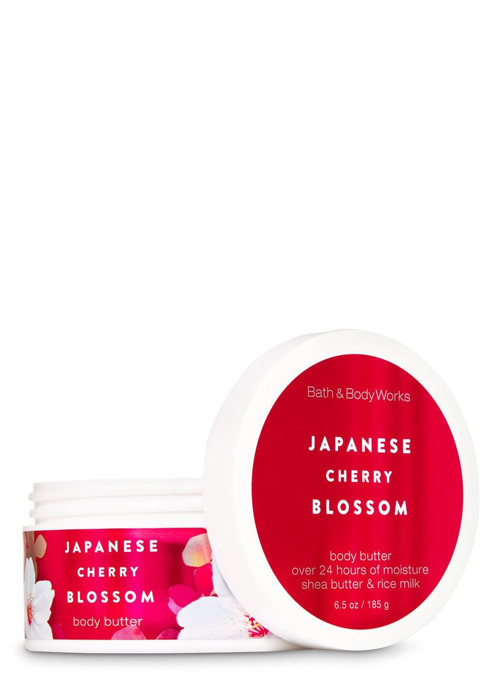 eliteessence Bath & Body Works Japanese Cherry Blossom body butter in a white jar with a vibrant pink floral label.