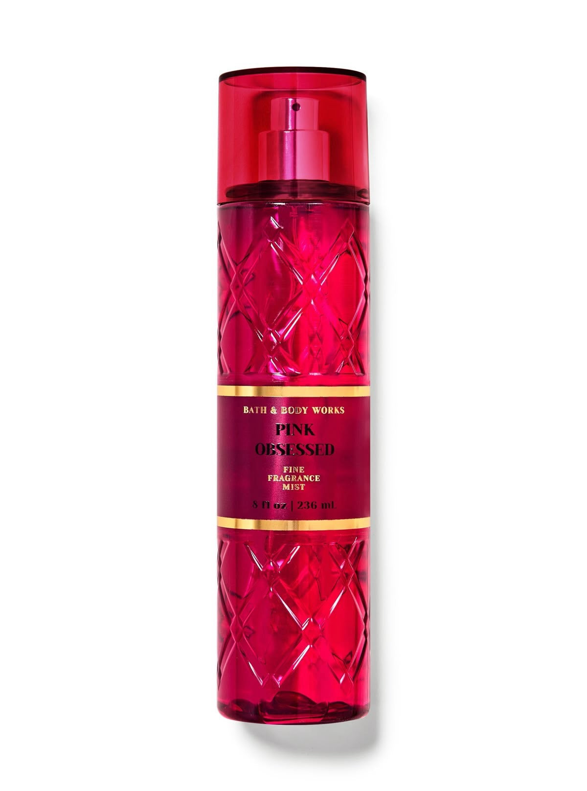 eliteessence Bath & Body Works Pink Obsessed fragrance mist in a vibrant pink bottle with diamond-cut texture.