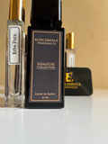 eliteessence Signature Collection Extrait De Parfum in a sleek black 55ml bottle next to a travel-sized atomizer.