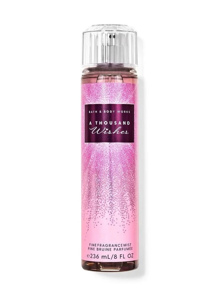 eliteessence Bath & Body Works A Thousand Wishes fine fragrance mist in a pink glitter bottle with a clear cap
