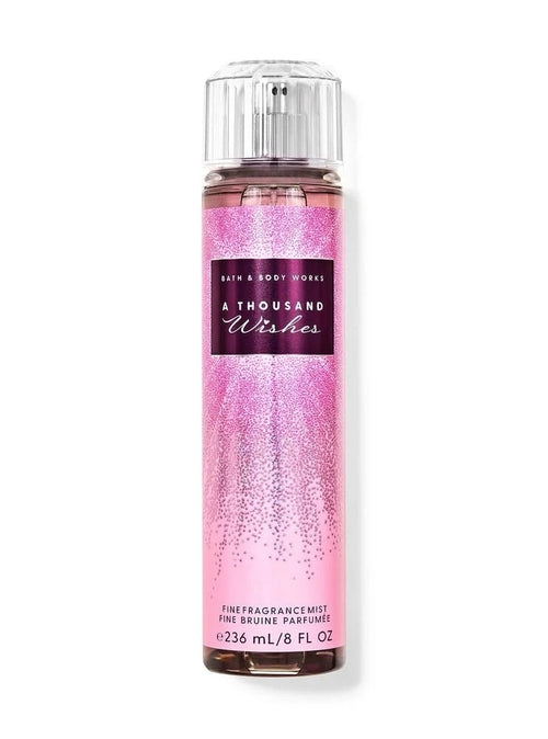 eliteessence Bath & Body Works A Thousand Wishes fine fragrance mist in a pink glitter bottle with a clear cap