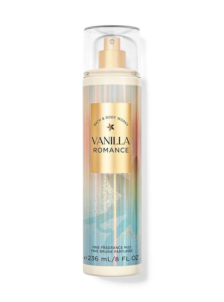eliteessence Bath & Body Works Vanilla Romance fine fragrance mist in an iridescent bottle with gold accents.